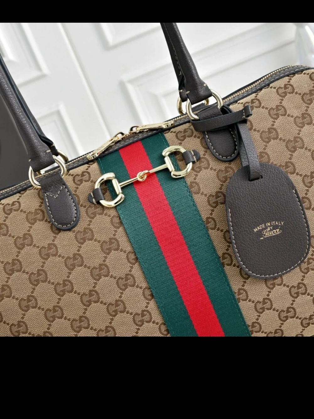 Gucci Beige GG Supreme Satchel with Green and Red Web Stripe